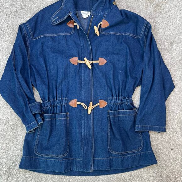 Vintage 80's Retro Leslie Fay Toggle Denim Hooded Chore Coat Barn Jacket (Sz M) - Picture 13 of 16